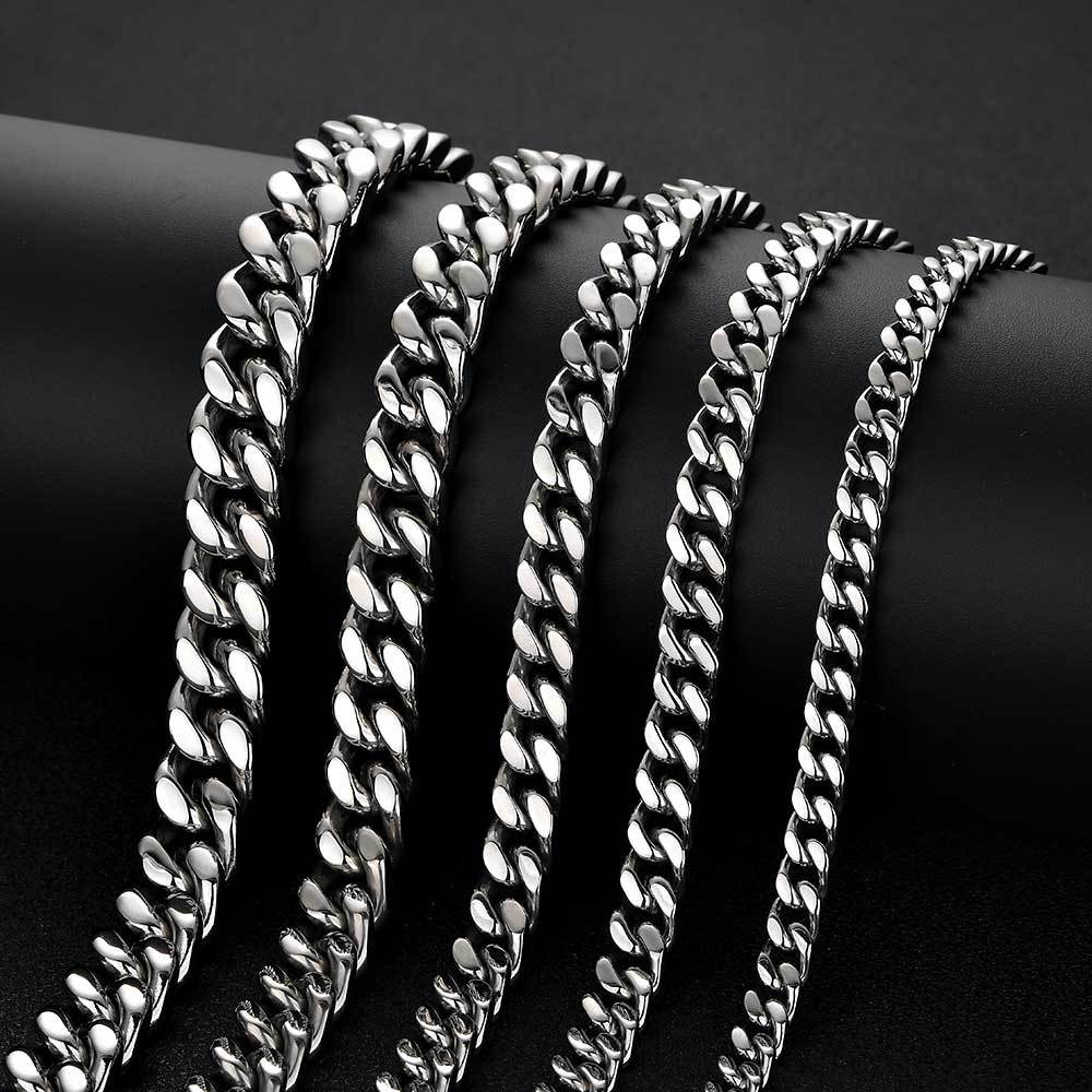 Unisex Cuban Necklace Polished Clasp Encrypted Four-Sided Grind Male Hip hop Titanium Steel Necklace 16-30 Inches Width 5-15m, W788