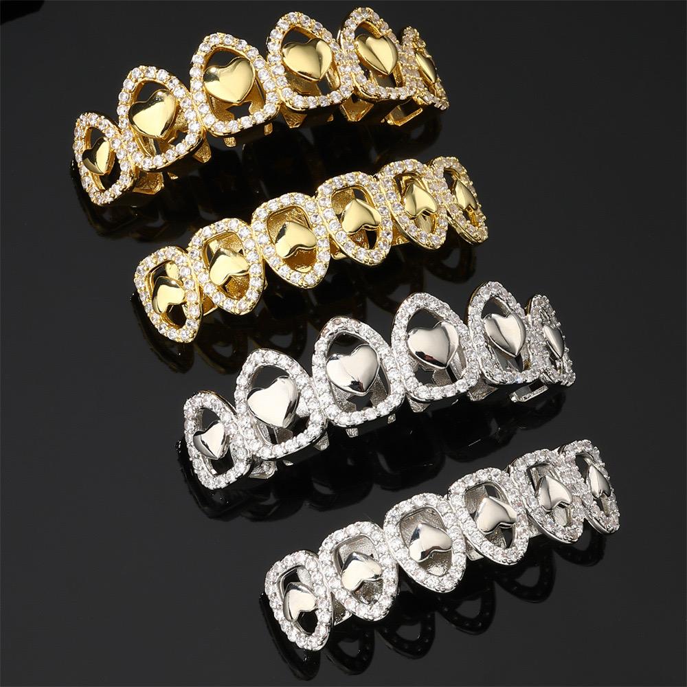 Unisex Cubic Zirconia Holo Heart Shape 6 Teeth Grillz Hiphop Accessories Comfortable Grills  ,  K271