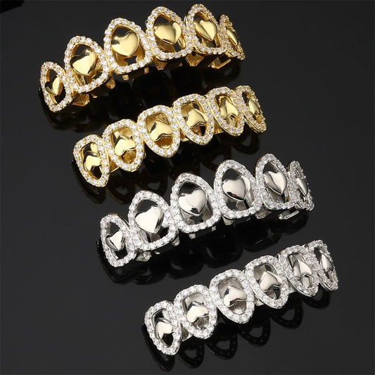 Unisex Cubic Zirconia Holo Heart Shape 6 Teeth Grillz Hiphop Accessories Comfortable Grills  ,  K271