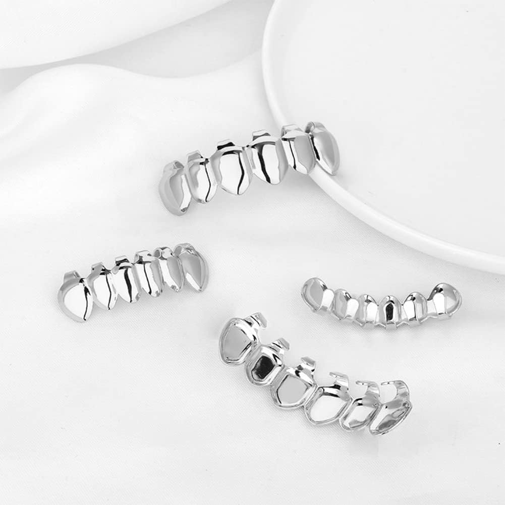 Unisex Silver-Tone Hip Hop Removeable Teeth Grillz Set (Top & Bottom) D338
