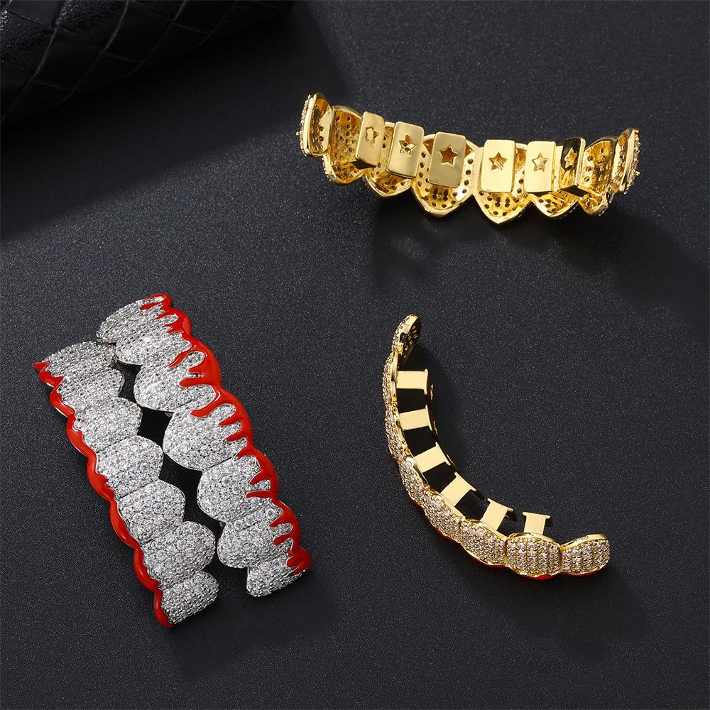 Unisex Cubic Zirconia Flame 8 Teeth Grillz Set Vampire Grills Hip-Hop Accessories  Street Rapper Jewelry.Mask Super Cool .X999