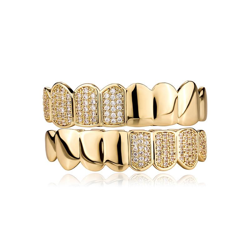 Unisex Half Cubic Zirconia & Half Glossy Crossover 8 Teeth Comfortable Grillz HipHop Accessories Grills   K292