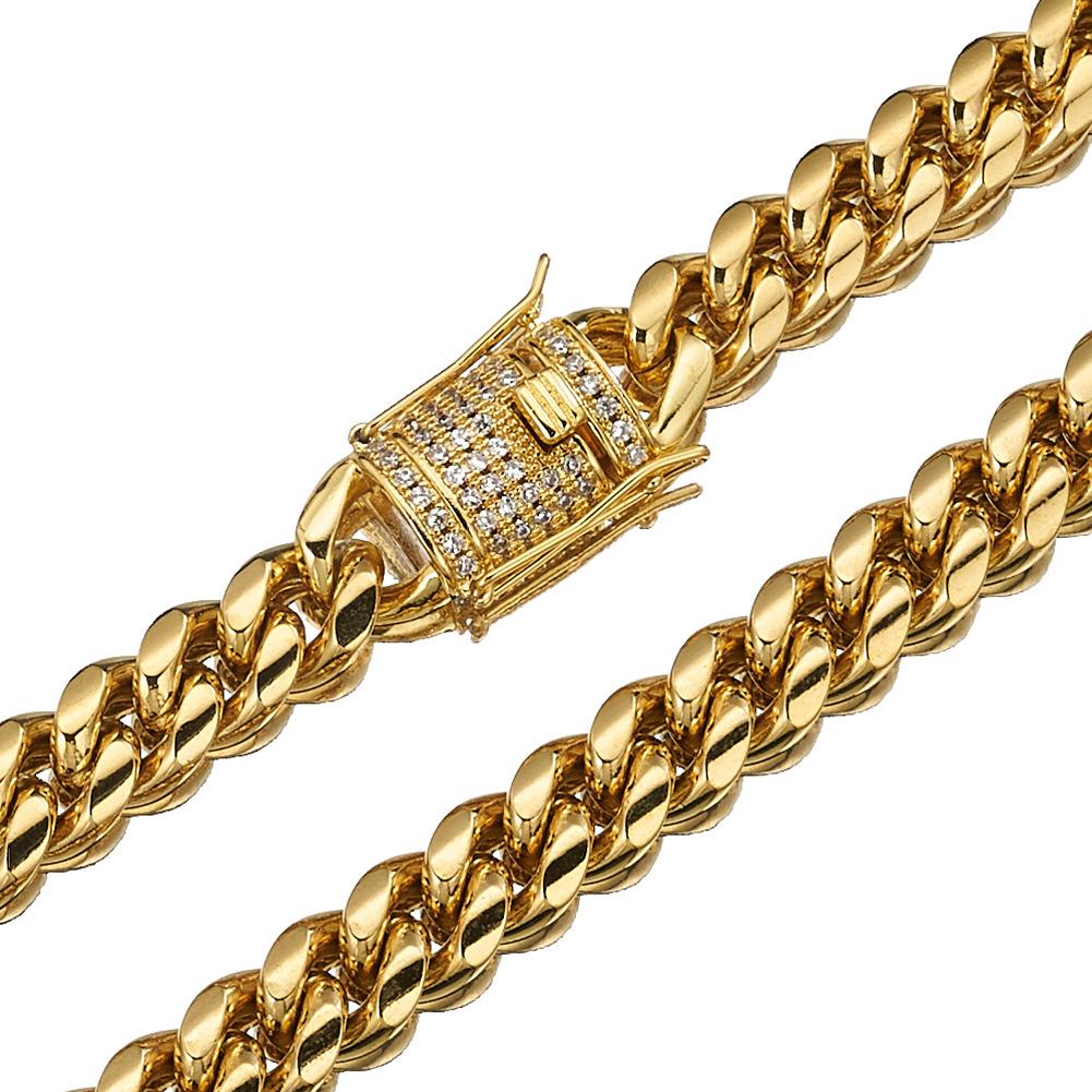 6-18MM Gold Stainless Steel Cuban Link Chain with Micro-Paved Clasp – Miami-Style Streetwear Necklace for Men and Women Y50