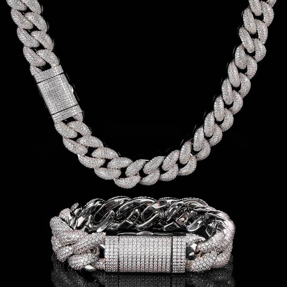 14mm-18mm Stylish Hip-Hop Bubble Cuban Chain Zircon Necklace for Men & Elegant CZ Bracelet for Women - Y53
