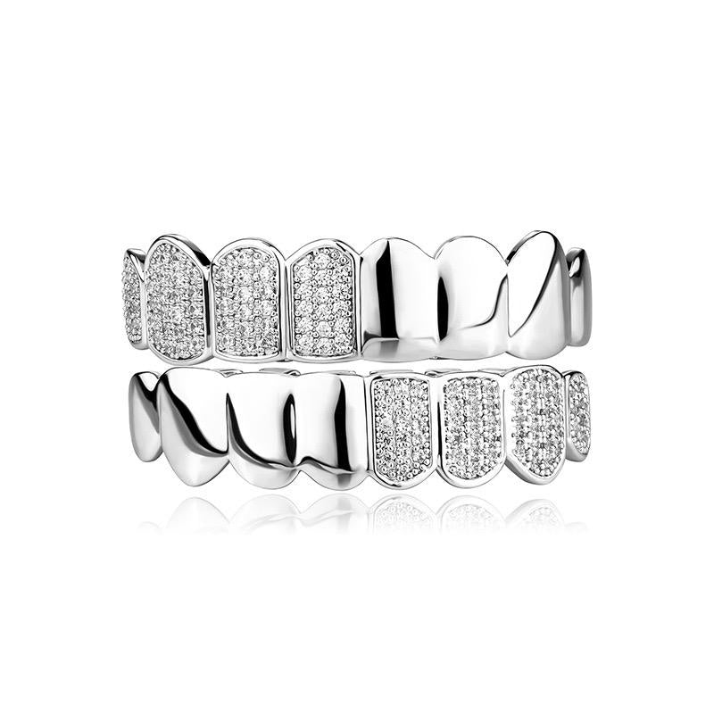 Unisex Half Cubic Zirconia & Half Glossy Crossover 8 Teeth Comfortable Grillz HipHop Accessories Grills   K292