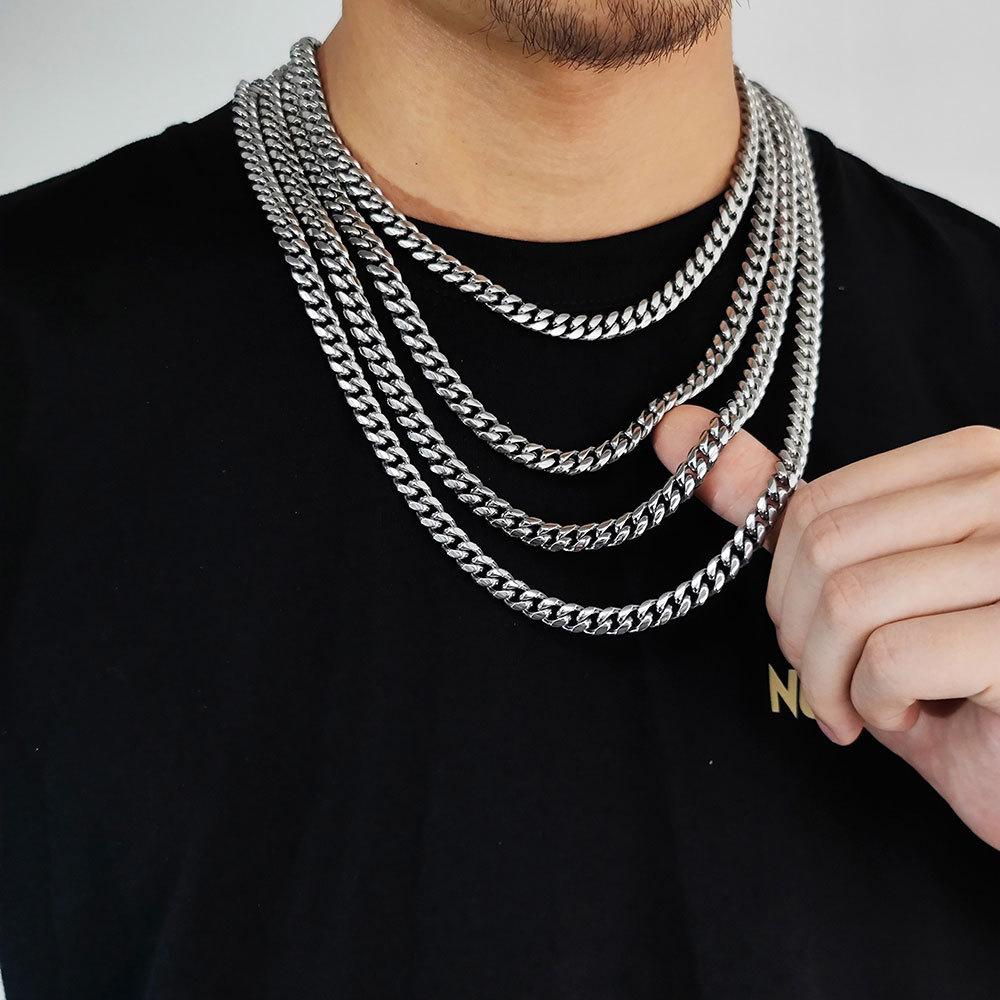Unisex Hip-hop  Clasp Cuban Necklace Round Grind Encrypted Male Titanium Steel Length 16-30 Inches Width 5-9mm W789
