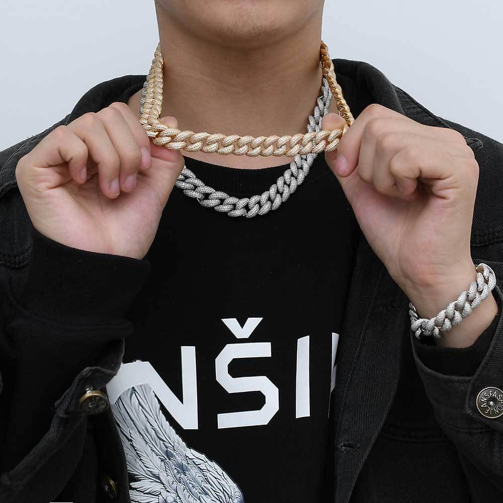 14mm-18mm Stylish Hip-Hop Bubble Cuban Chain Zircon Necklace for Men & Elegant CZ Bracelet for Women - Y53