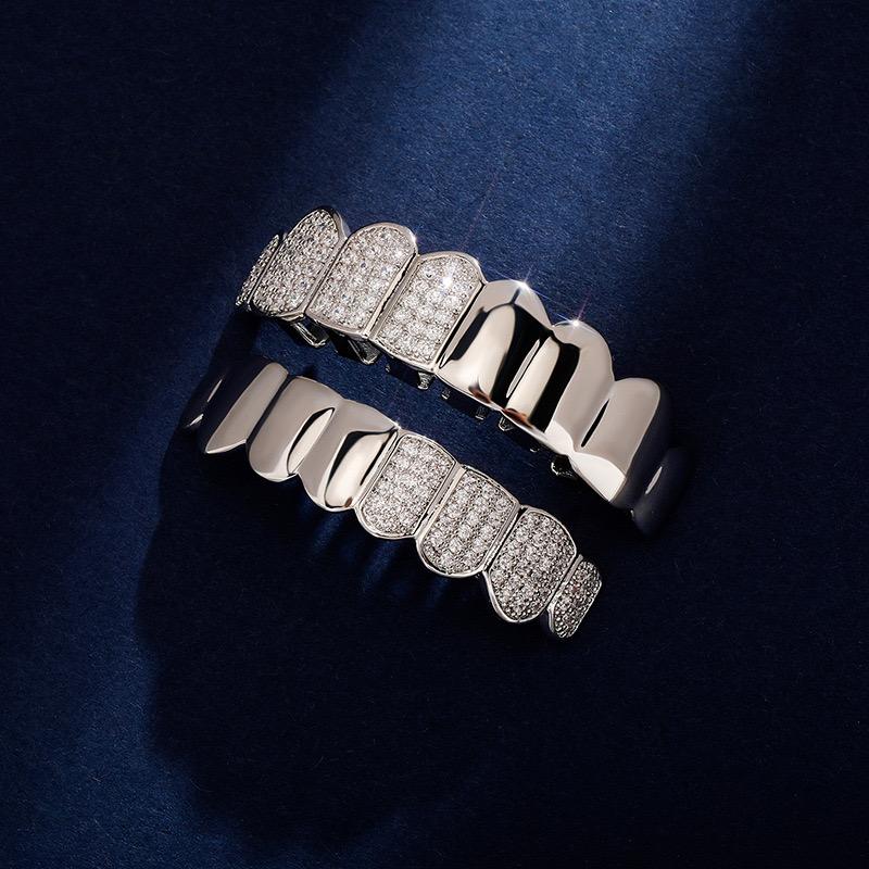 Unisex Half Cubic Zirconia & Half Glossy Crossover 8 Teeth Comfortable Grillz HipHop Accessories Grills   K292