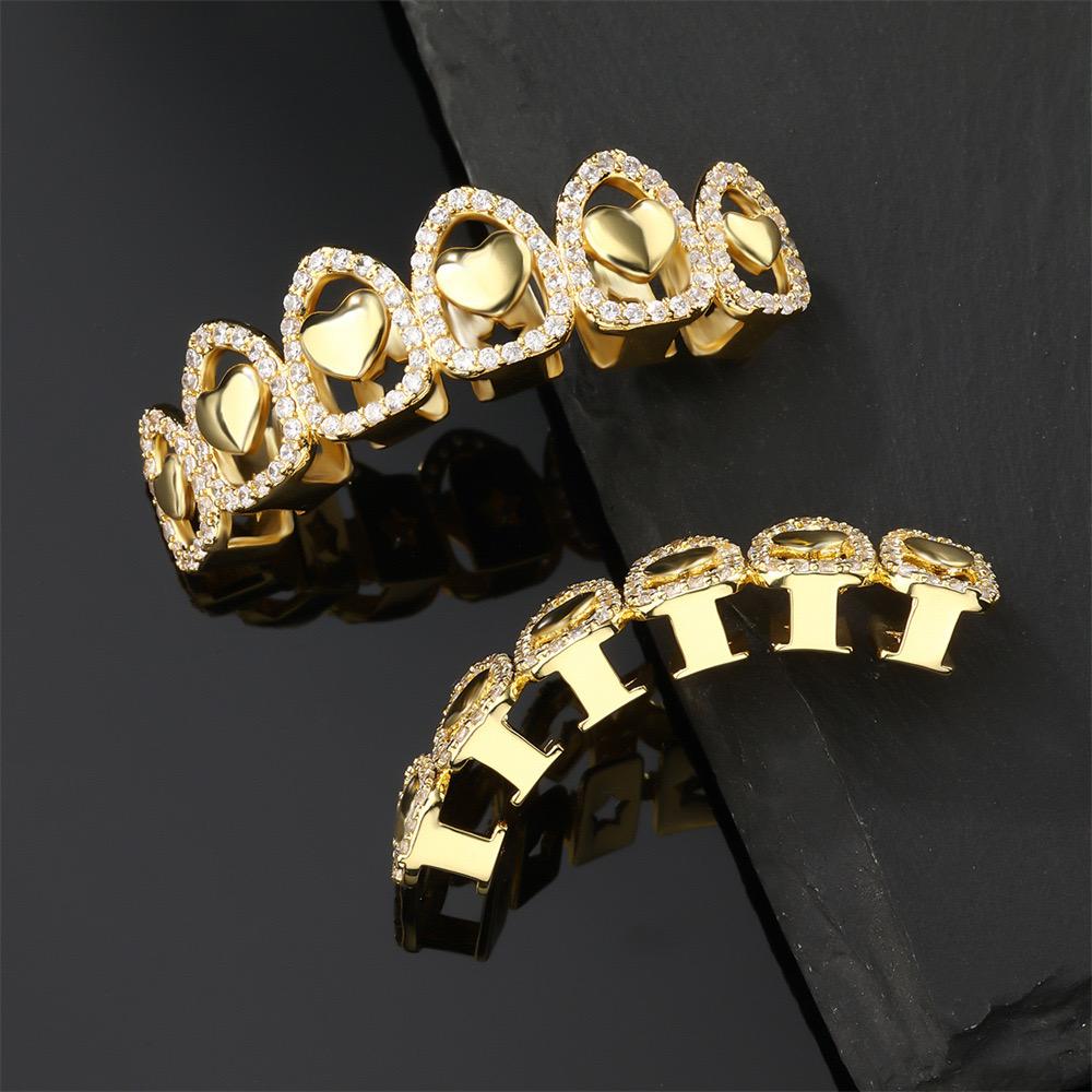 Unisex Cubic Zirconia Holo Heart Shape 6 Teeth Grillz Hiphop Accessories Comfortable Grills  ,  K271