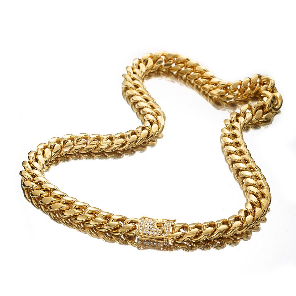 6-18MM Gold Stainless Steel Cuban Link Chain with Micro-Paved Clasp – Miami-Style Streetwear Necklace for Men and Women Y50