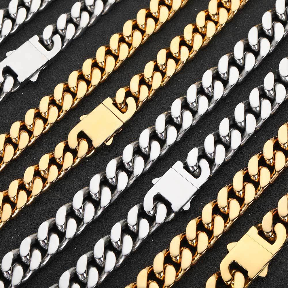 Unisex Cuban Necklace Polished Clasp Encrypted Four-Sided Grind Male Hip hop Titanium Steel Necklace  16-30 Inches Width 5-15m, W788