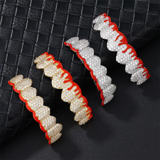 Unisex Cubic Zirconia Flame 8 Teeth Grillz Set Vampire Grills Hip-Hop Accessories  Street Rapper Jewelry.Mask Super Cool .X999
