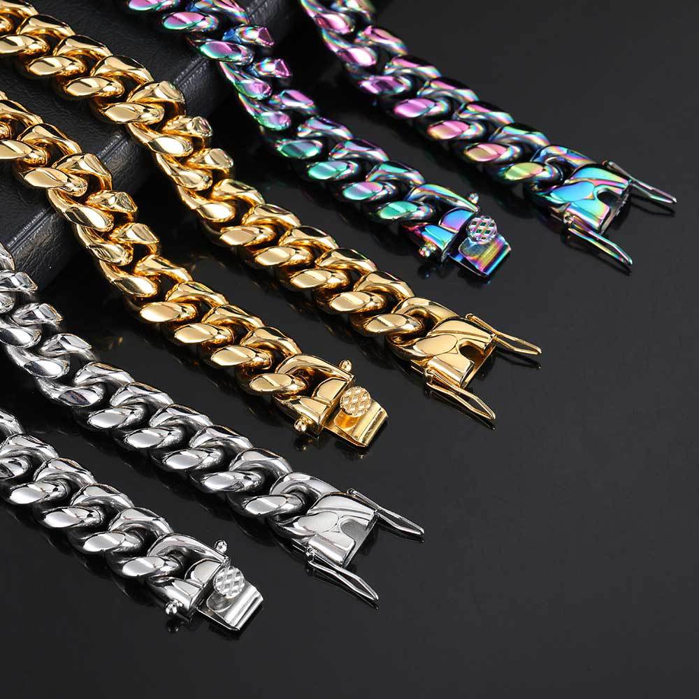 Unisex Hip-Hop Stainless Steel Faucet Buckle Cuban Chain Bracelet 7-9 Inches Multiple Colors  D147