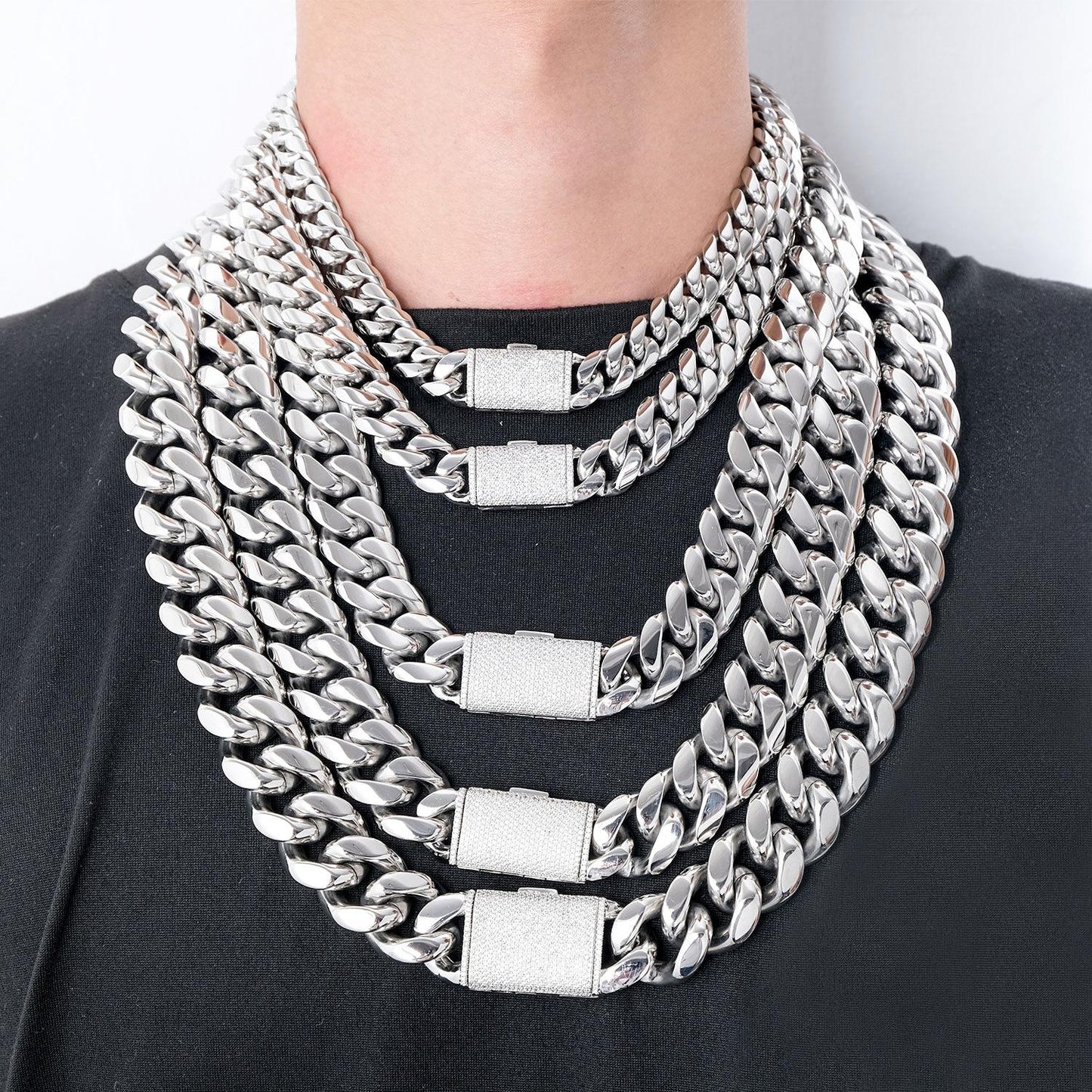 12/14/18/20/22mm Stainless Steel Hip-Hop Cuban Chain Necklace for Men with Micro-Paved Zircon -  Y57