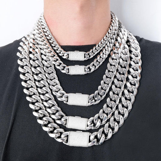 12/14/18/20/22mm Stainless Steel Hip-Hop Cuban Chain Necklace for Men with Micro-Paved Zircon -  Y57