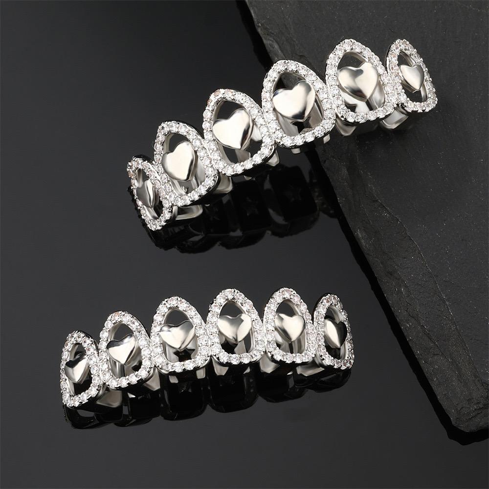 Unisex Cubic Zirconia Holo Heart Shape 6 Teeth Grillz Hiphop Accessories Comfortable Grills  ,  K271