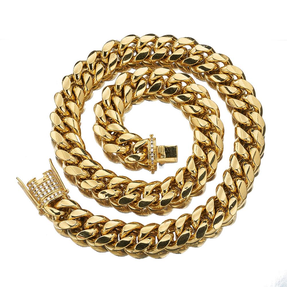 6-18MM Gold Stainless Steel Cuban Link Chain with Micro-Paved Clasp – Miami-Style Streetwear Necklace for Men and Women Y50