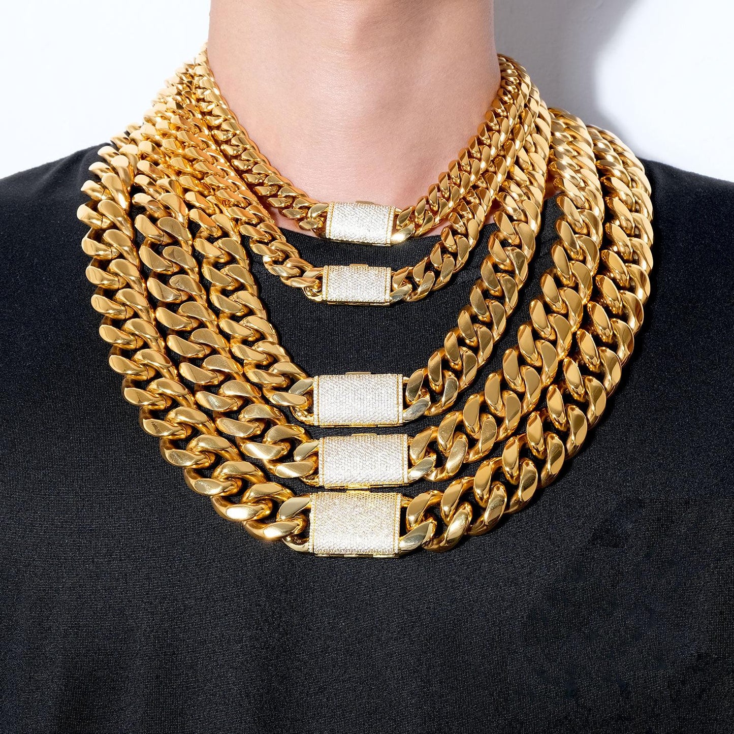 12-22MM Stainless Steel Cuban Link Necklace with Micro-Paved Zircon Clasp – Hip-Hop Style Jewelry for Men and Women – Y52