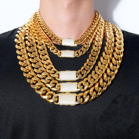 12-22MM Stainless Steel Cuban Link Necklace with Micro-Paved Zircon Clasp – Hip-Hop Style Jewelry for Men and Women – Y52