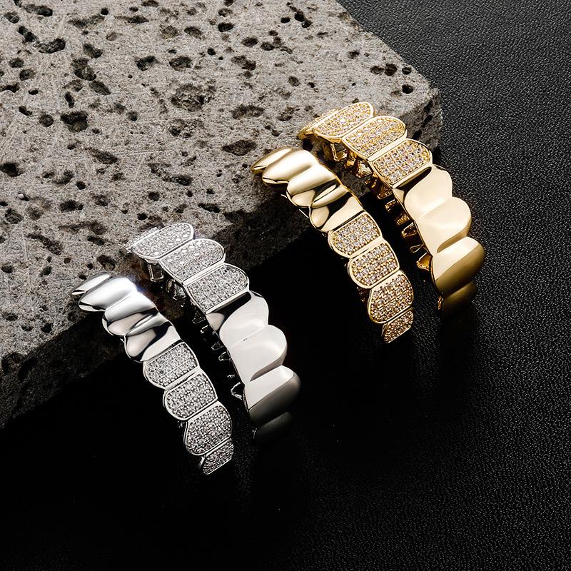 Unisex Half Cubic Zirconia & Half Glossy Crossover 8 Teeth Comfortable Grillz HipHop Accessories Grills   K292