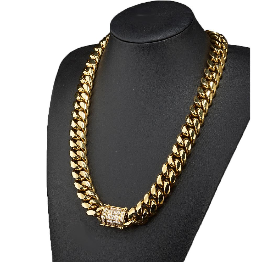 6-18MM Gold Stainless Steel Cuban Link Chain with Micro-Paved Clasp – Miami-Style Streetwear Necklace for Men and Women Y50