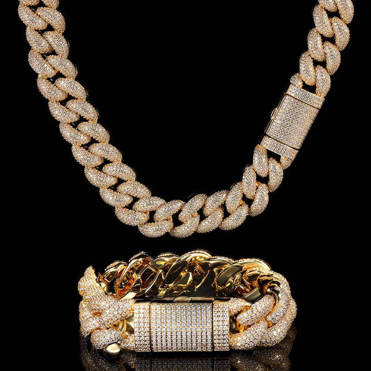 14mm-18mm Stylish Hip-Hop Bubble Cuban Chain Zircon Necklace for Men & Elegant CZ Bracelet for Women - Y53