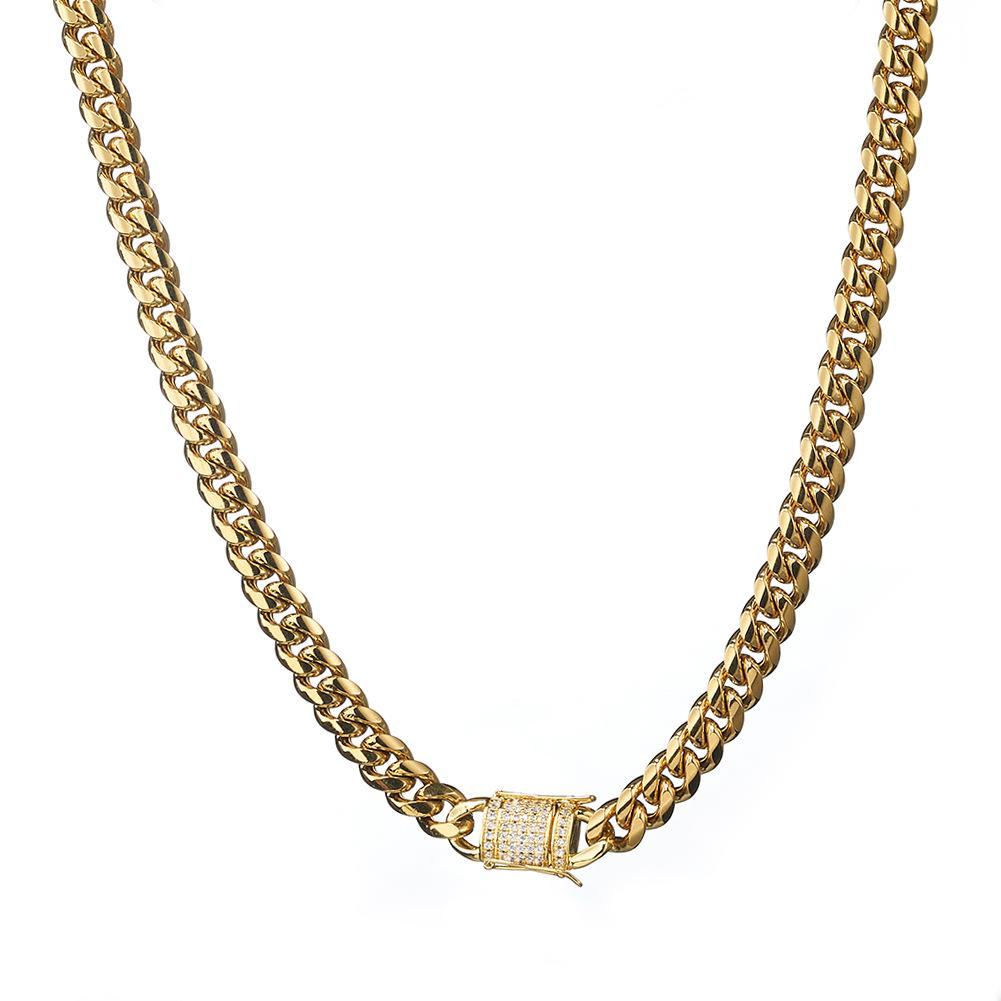 6-18MM Gold Stainless Steel Cuban Link Chain with Micro-Paved Clasp – Miami-Style Streetwear Necklace for Men and Women Y50
