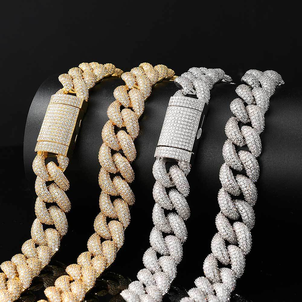 14mm-18mm Stylish Hip-Hop Bubble Cuban Chain Zircon Necklace for Men & Elegant CZ Bracelet for Women - Y53