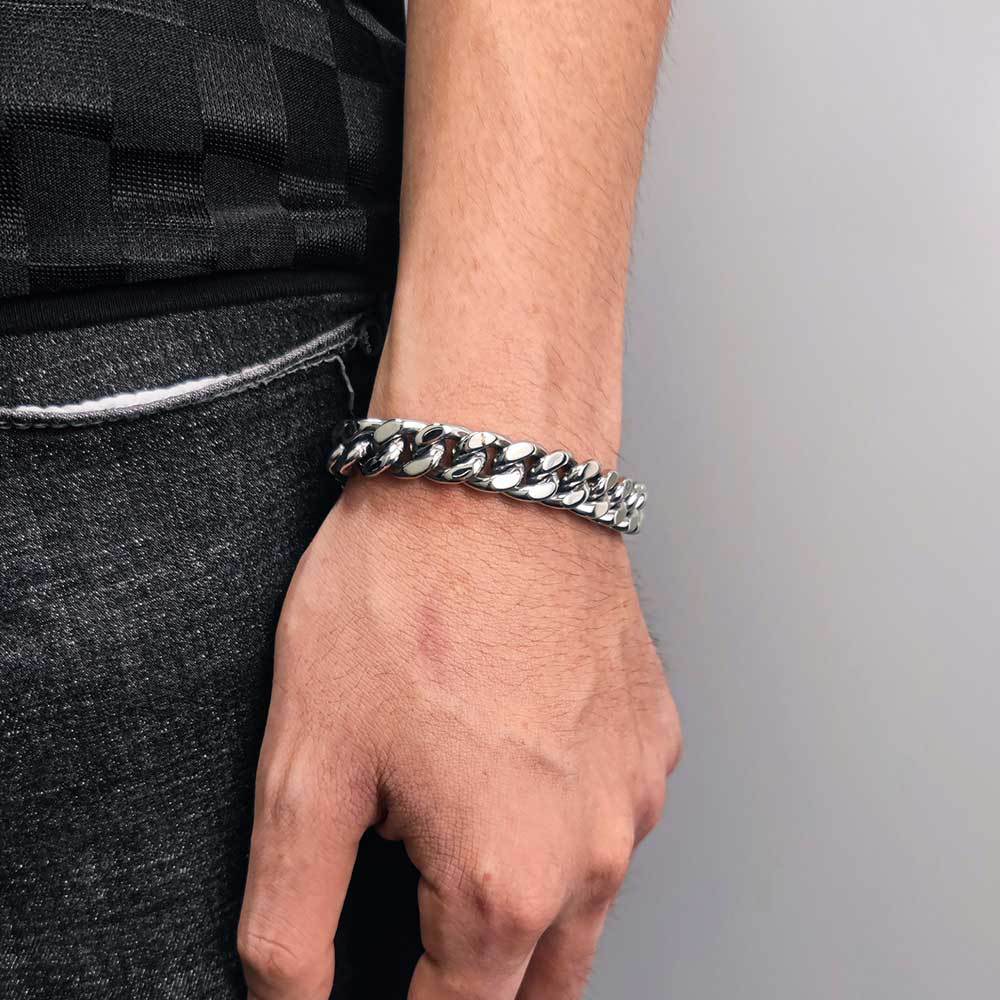 Men's Hip-Hop Four-Sided Grinding Encrypted Cuban Chain Stainless Steel Bracelet 7-9 Inches Length – D130