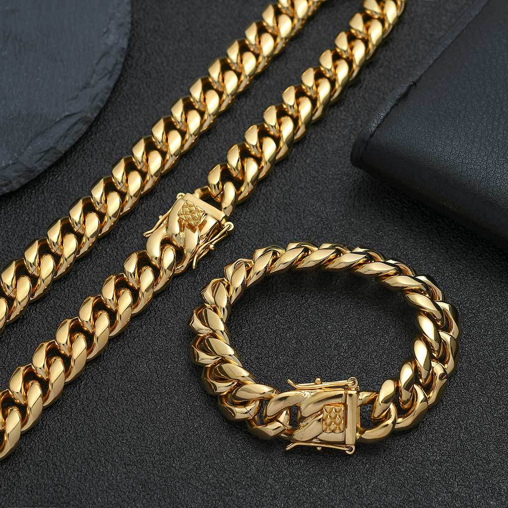 Men's Cuban Link Stainless Steel  Necklace/Bracelet with Designed Quick Release Buckle,14MM  16-30 Inches Chain Length   D10
