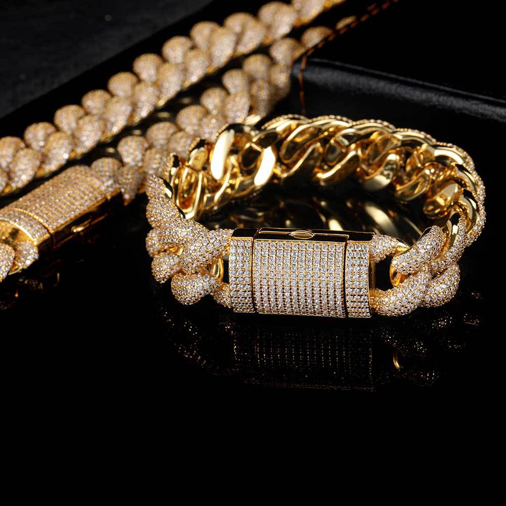 14mm-18mm Stylish Hip-Hop Bubble Cuban Chain Zircon Necklace for Men & Elegant CZ Bracelet for Women - Y53