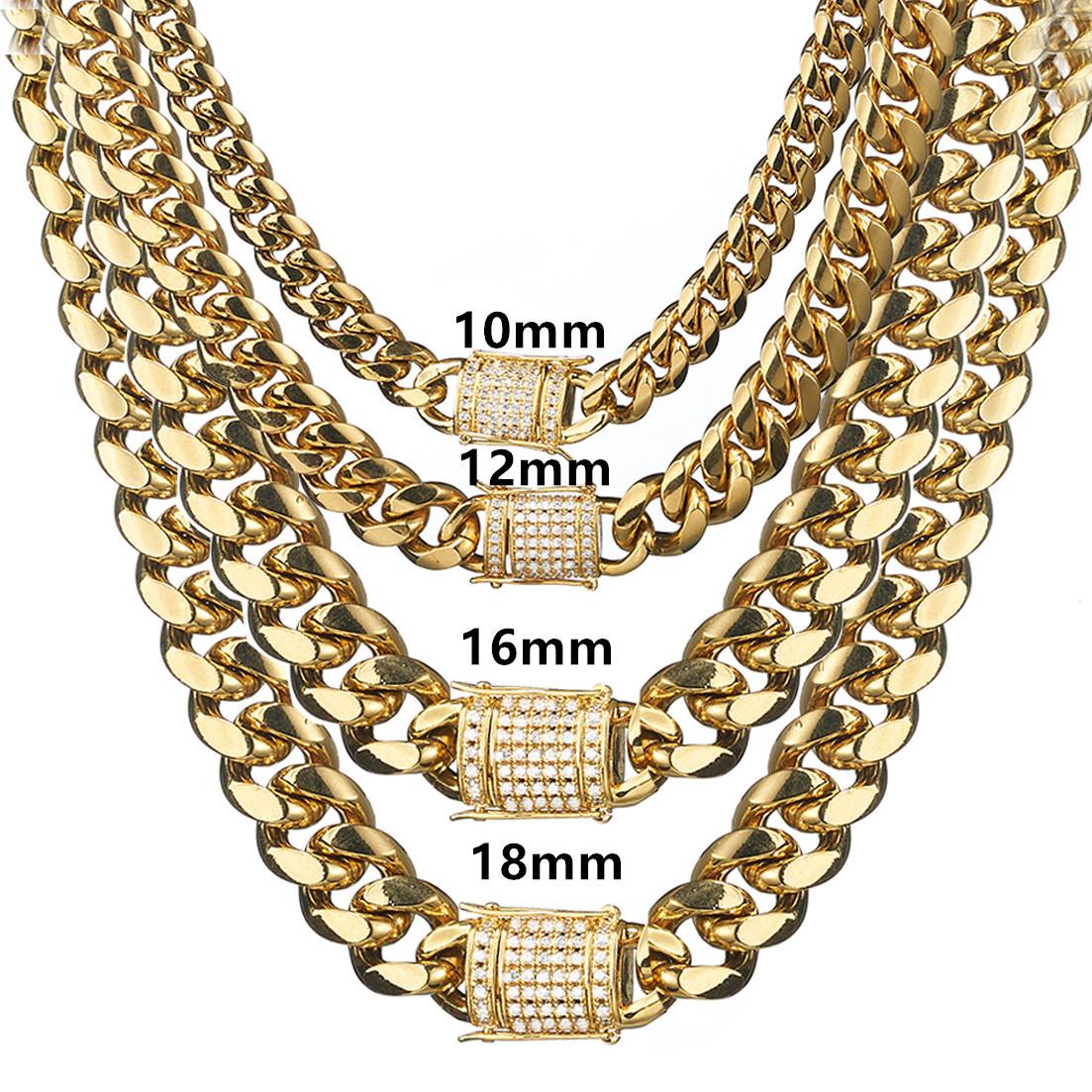6-18MM Gold Stainless Steel Cuban Link Chain with Micro-Paved Clasp – Miami-Style Streetwear Necklace for Men and Women Y50