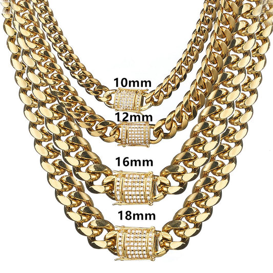6-18MM Gold Stainless Steel Cuban Link Chain with Micro-Paved Clasp – Miami-Style Streetwear Necklace for Men and Women Y50